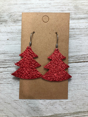 Red shimmer Christmas tree leather earrings
